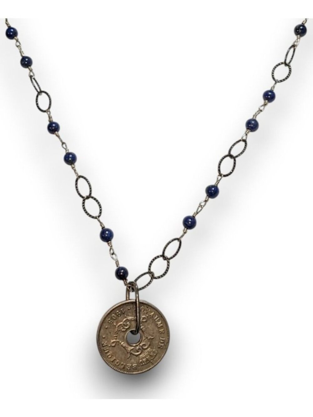 Whimsigoth Antique Coin Blue Beaded Bronze Tone Necklace 20 Inch EUC
